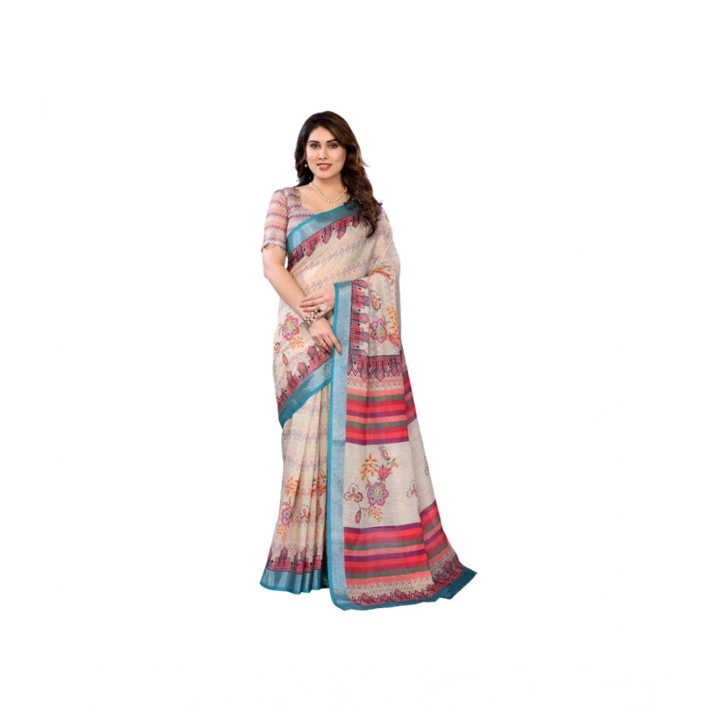 Women's Linen Cotton Printed Saree With Unstitched Blouse 5.5mtr (cream) | Women Signature Collection