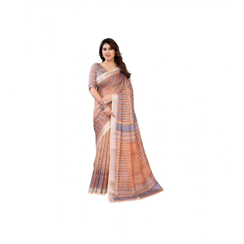 Women's Linen Cotton Printed Saree With Unstitched Blouse 5.5mtr (brown) | Women Signature Collection
