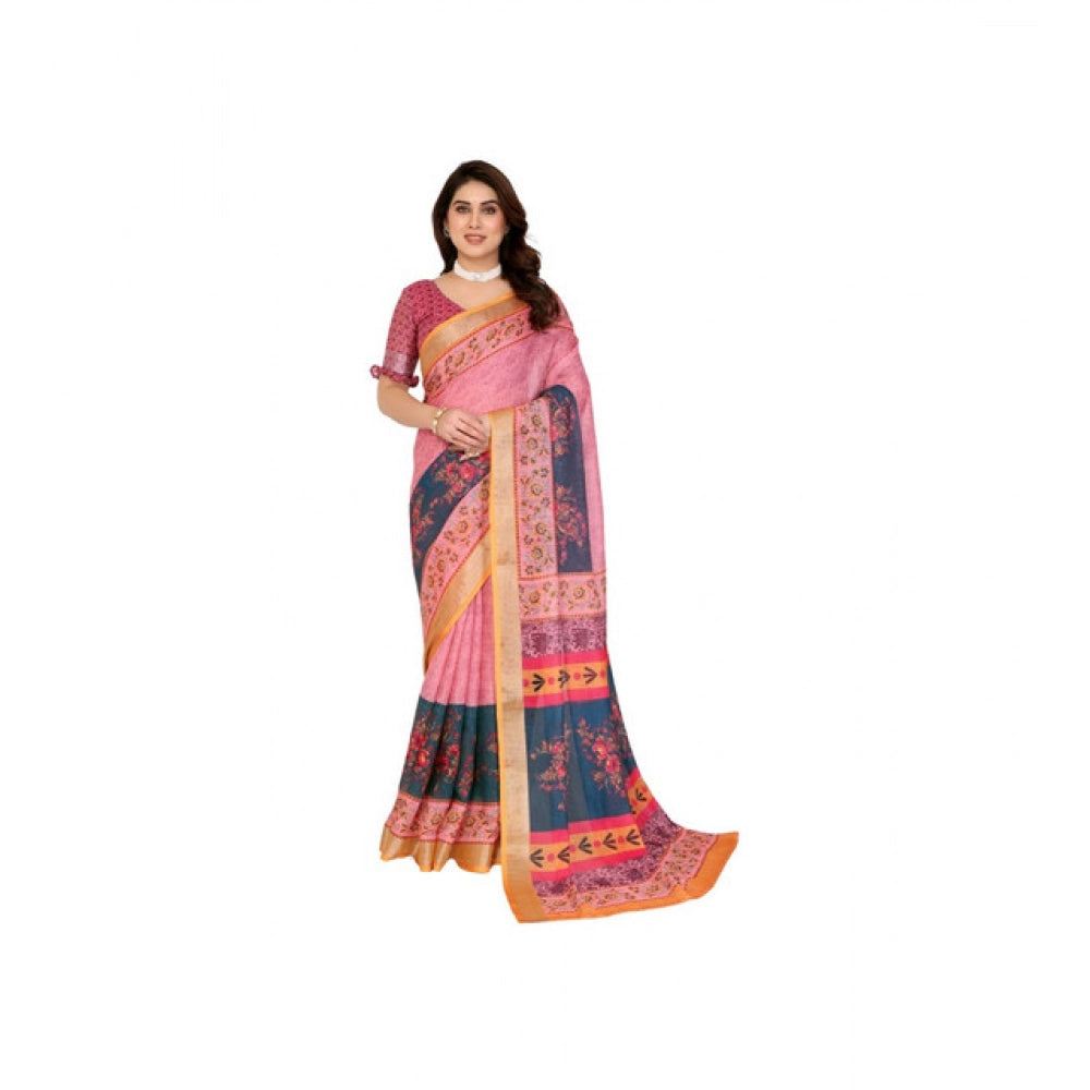 Women's Linen Cotton Printed Saree With Unstitched Blouse 5.5mtr (pink) | Women Signature Collection