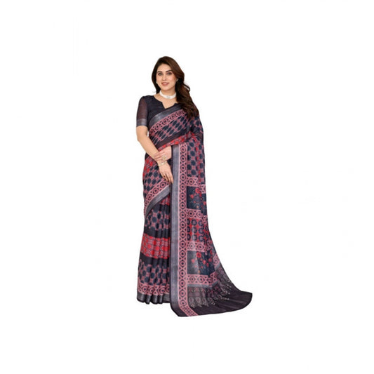 Women's Linen Cotton Printed Saree With Unstitched Blouse 5.5mtr (black) | Women Signature Collection