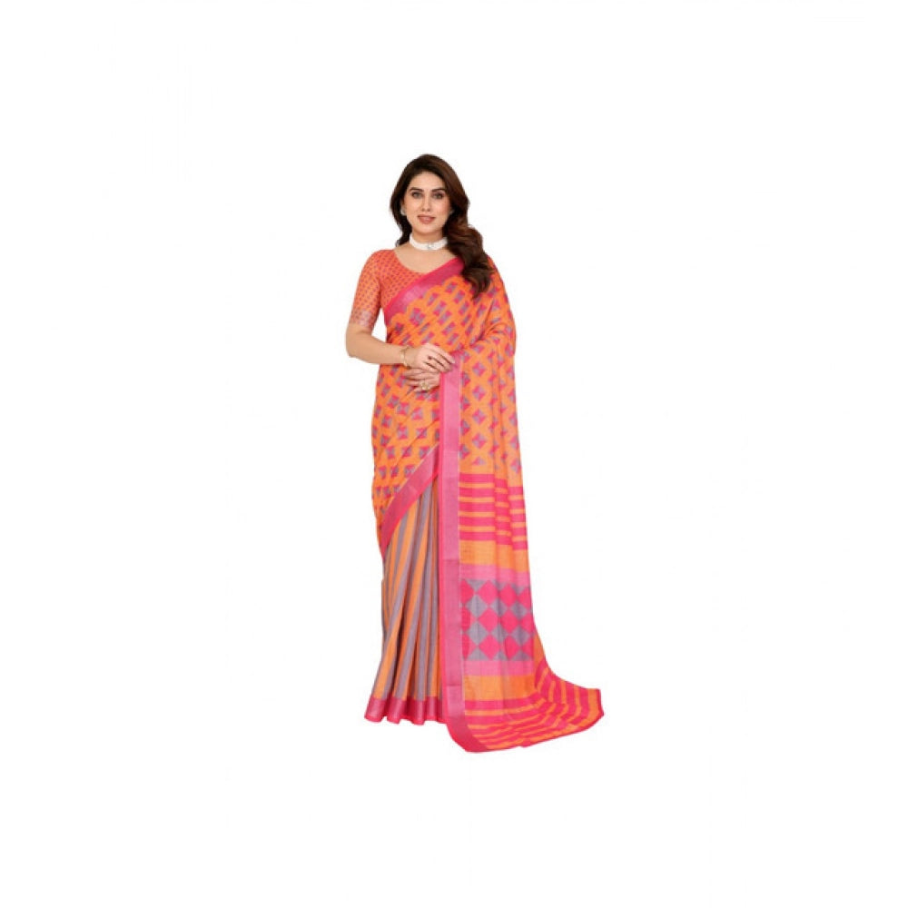 Women's Linen Cotton Printed Saree With Unstitched Blouse 5.5mtr (orange ) | Women Signature Collection