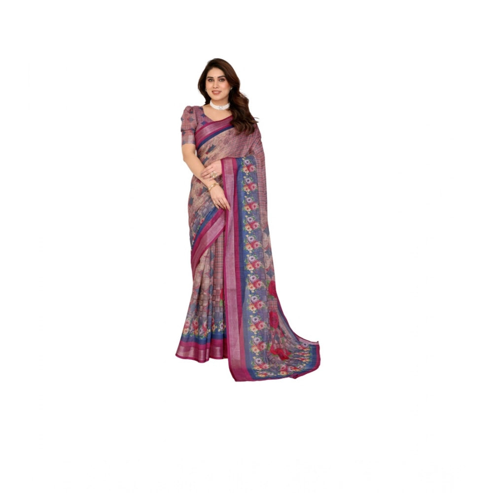 Women's Linen Cotton Printed Saree With Unstitched Blouse 5.5mtr (wine ) | Women Signature Collection