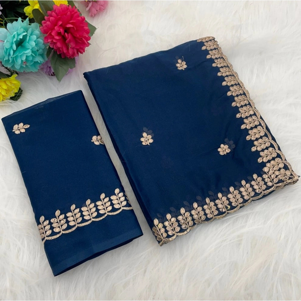 Women's Georgette Embroidered Saree With Unstitched Blouse 5.5mtr (blue) | Women Signature Collection