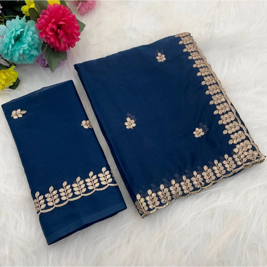 Women's Georgette Embroidered Saree With Unstitched Blouse 5.5mtr (blue) | Women Signature Collection