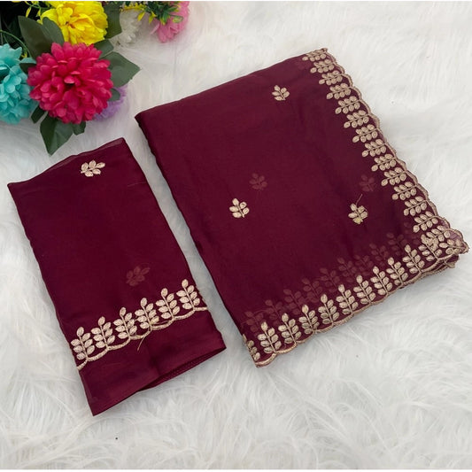 Women's Georgette Embroidered Saree With Unstitched Blouse 5.5mtr (red) | Women Signature Collection