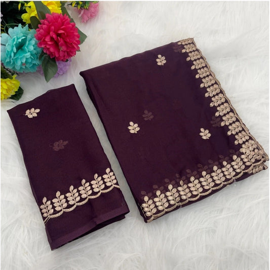 Women's Georgette Embroidered Saree With Unstitched Blouse 5.5mtr (wine) | Women Signature Collection