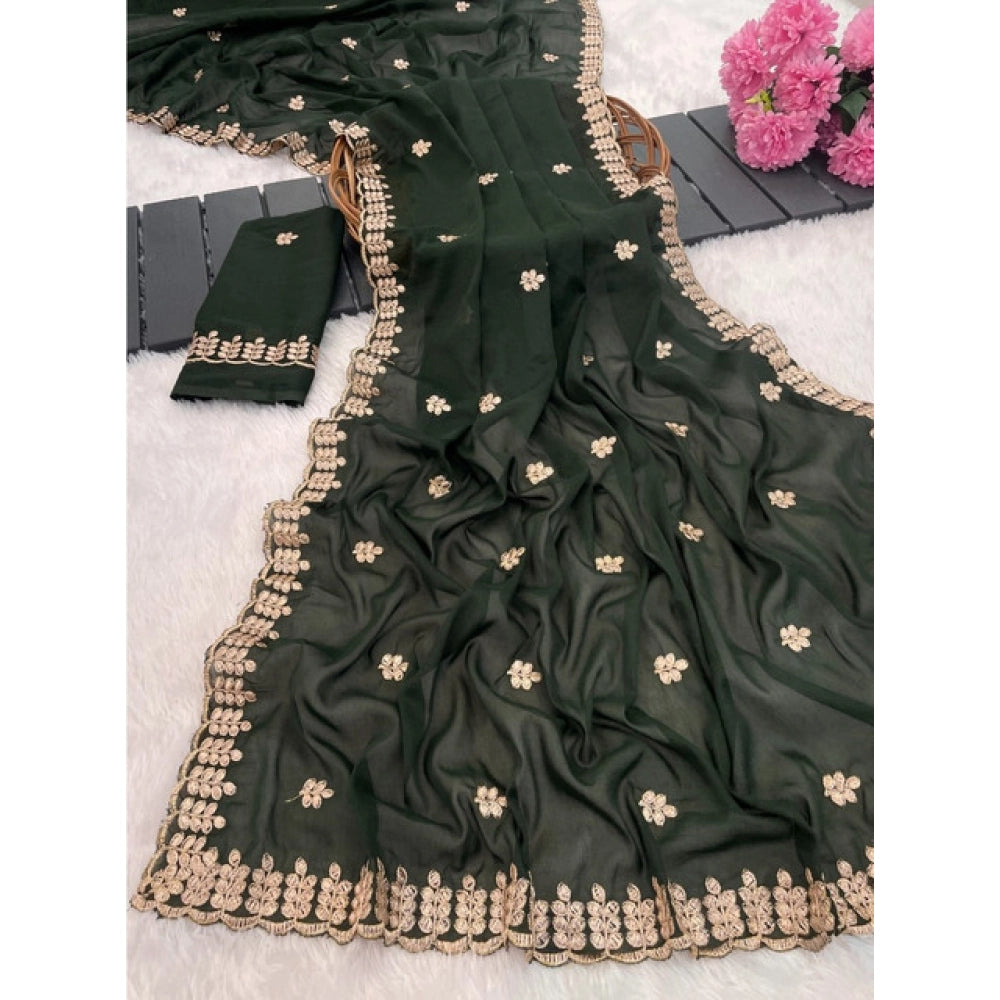 Women's Georgette Embroidered Saree With Unstitched Blouse 5.5mtr (green) | Women Signature Collection
