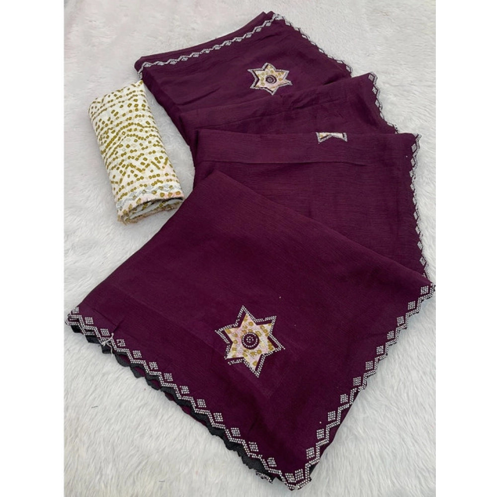 Women's Chiffon Butti Dotted Saree With Unstitched Blouse 5.5mtr (wine) | Women Signature Collection