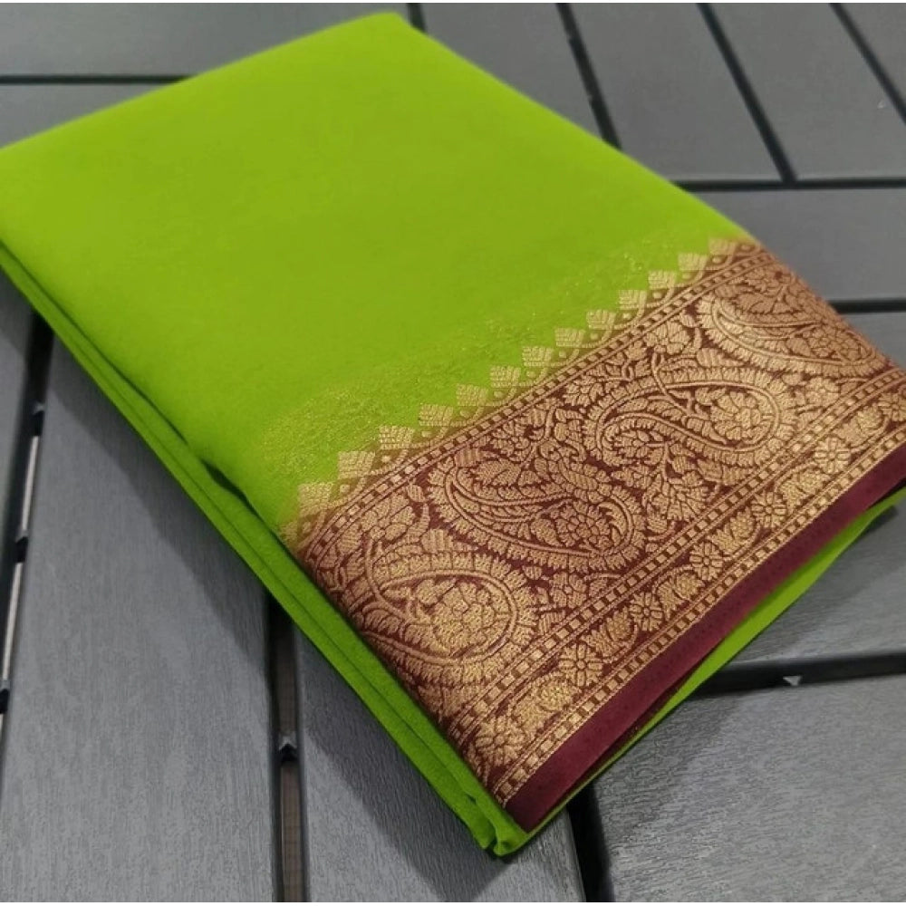 Women's Crepe Chit Pallu Solid Saree With Unstitched Blouse 5.5mtr (green) | Women Signature Collection
