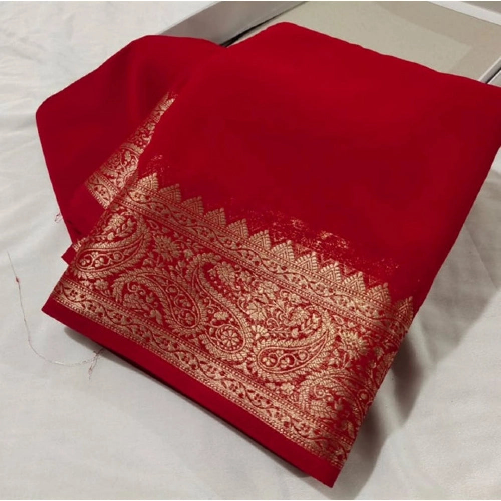 Women's Crepe Chit Pallu Solid Saree With Unstitched Blouse 5.5mtr (red) | Women Signature Collection