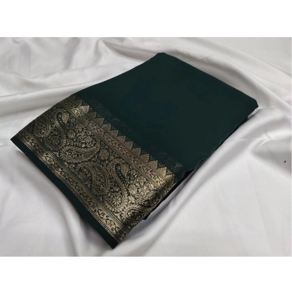 Women's Crepe Chit Pallu Solid Saree With Unstitched Blouse 5.5mtr (bottle Green) | Women Signature Collection