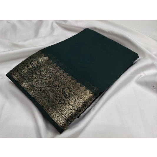 Women's Crepe Chit Pallu Solid Saree With Unstitched Blouse 5.5mtr (bottle Green) | Women Signature Collection