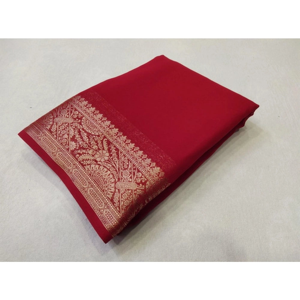 Women's Crepe Chit Pallu Solid Saree With Unstitched Blouse 5.5mtr (red) | Women Signature Collection