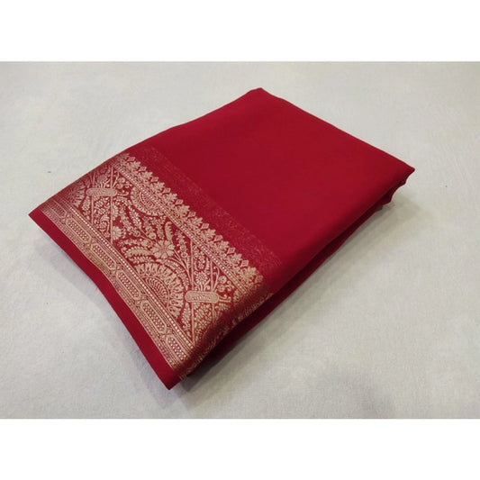 Women's Crepe Chit Pallu Solid Saree With Unstitched Blouse 5.5mtr (red) | Women Signature Collection