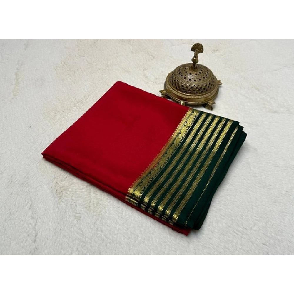 Women's Crepe Chit Pallu Solid Saree With Unstitched Blouse 5.5mtr (red) | Women Signature Collection