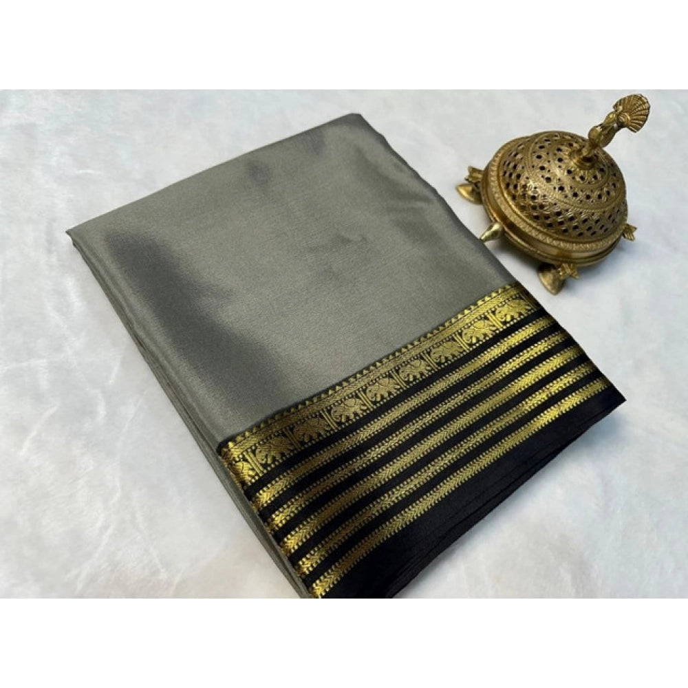 Women's Crepe Chit Pallu Solid Saree With Unstitched Blouse 5.5mtr (gray) | Women Signature Collection