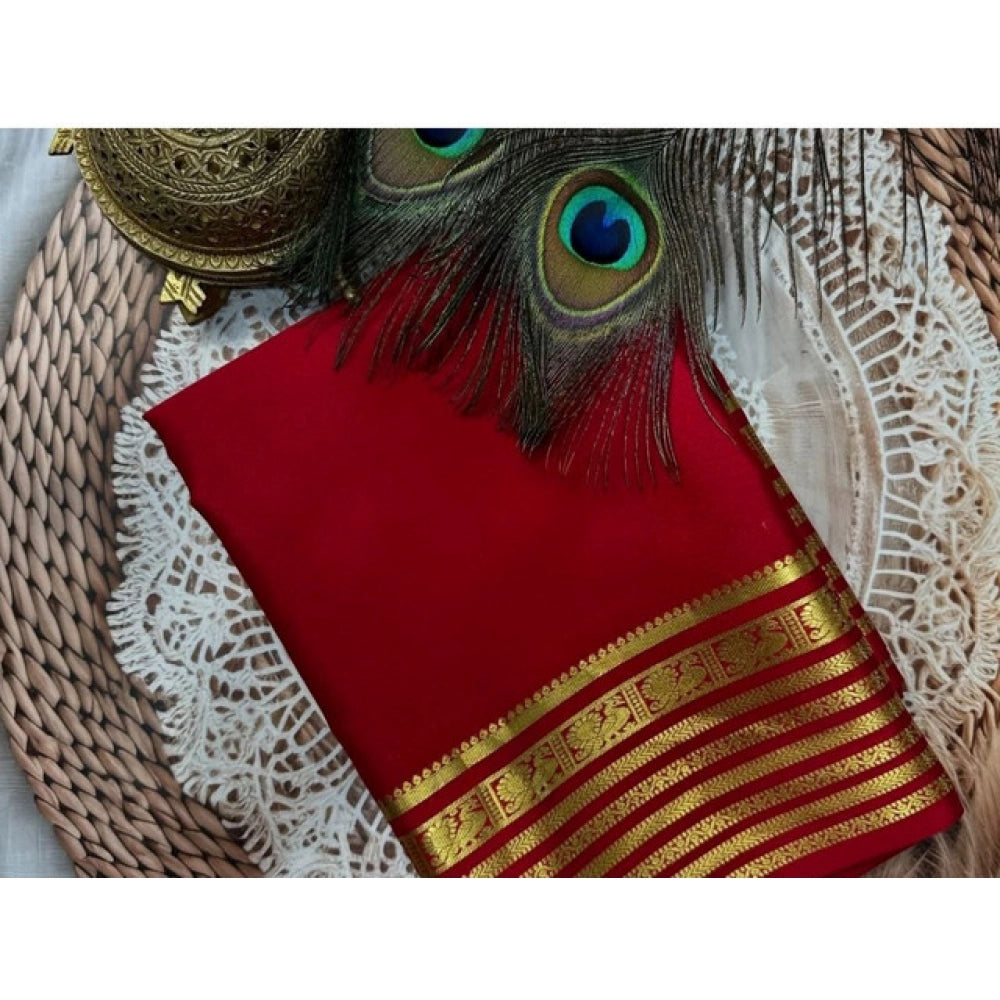 Women's Crepe Chit Pallu Solid Saree With Unstitched Blouse 5.5mtr (red) | Women Signature Collection