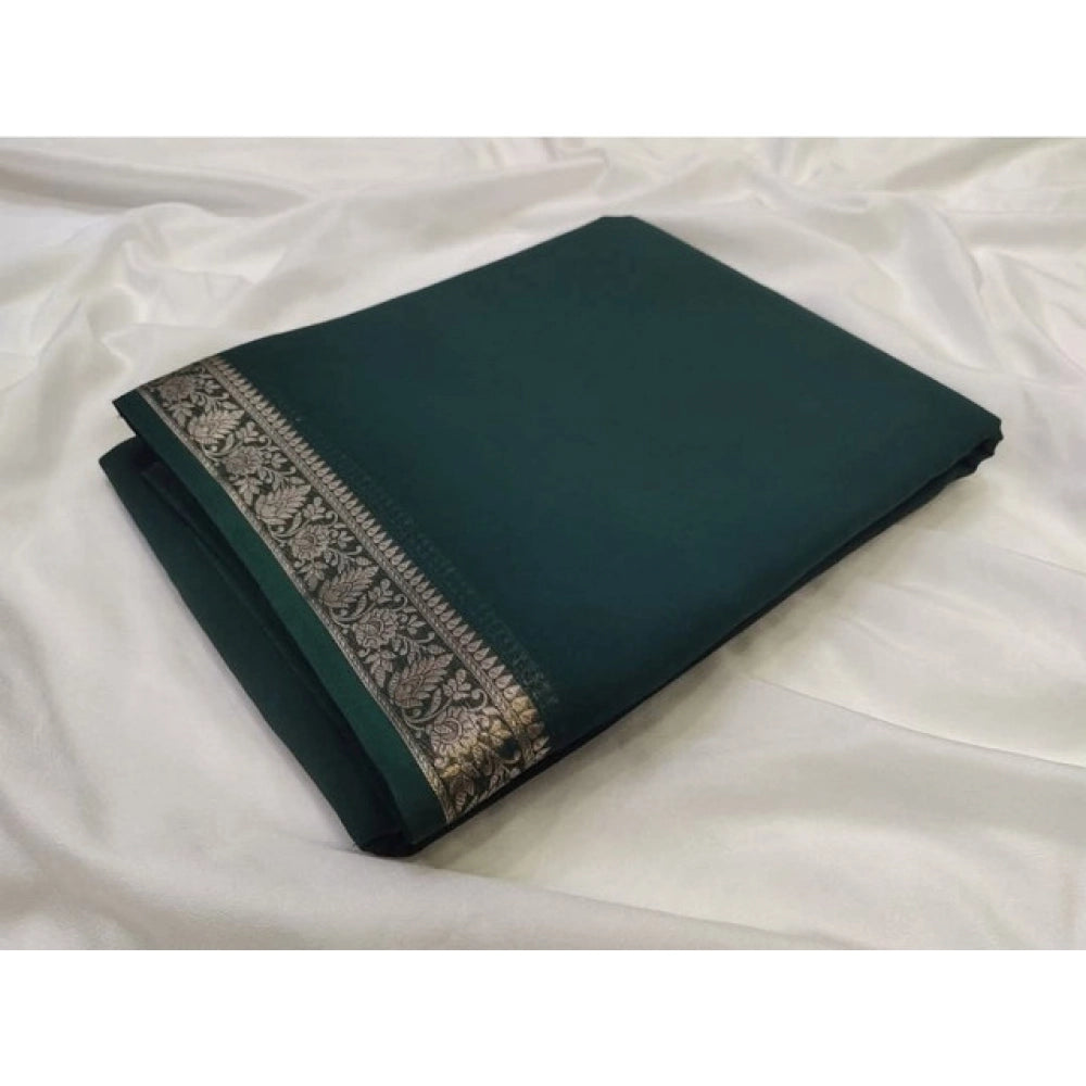 Women's Crepe Chit Pallu Solid Saree With Unstitched Blouse 5.5mtr (bottle Green) | Women Signature Collection