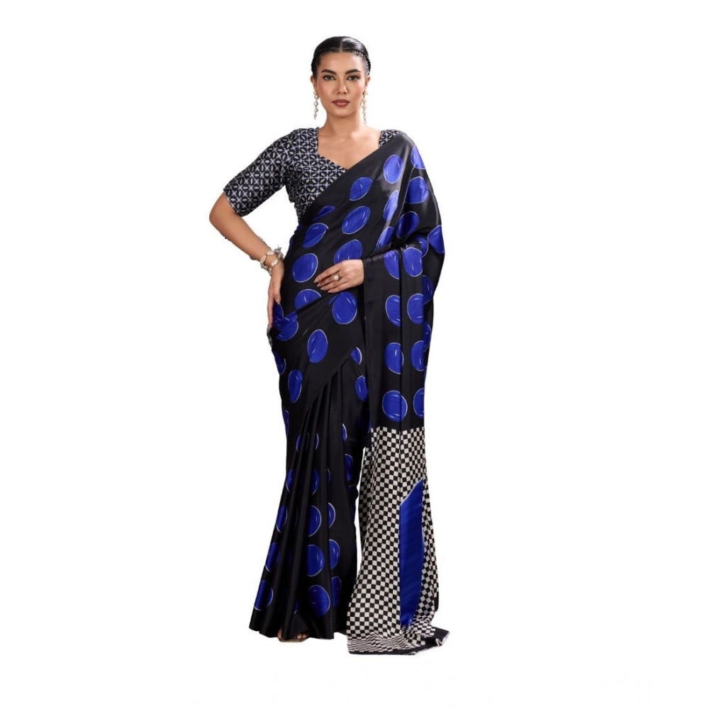 Women's Satin Crepe Printed Saree With Unstitched Blouse 5.5mtr (blue) | Women Signature Collection