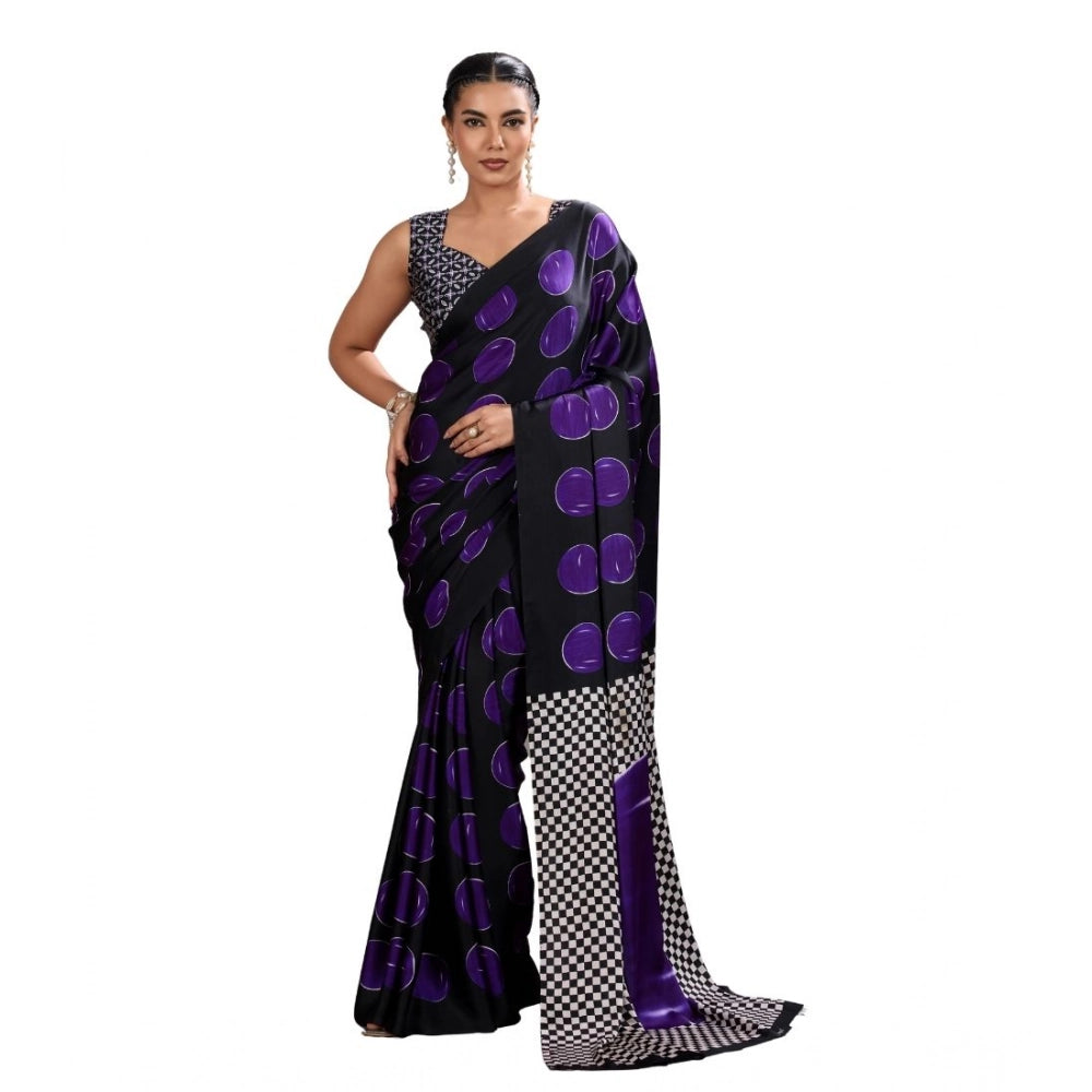 Women's Satin Crepe Printed Saree With Unstitched Blouse 5.5mtr (purple) | Women Signature Collection