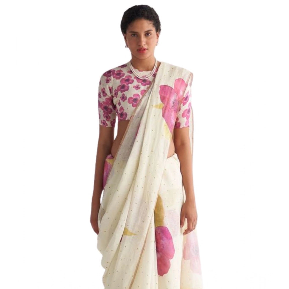 Women's Linen Printed Saree With Unstitched Blouse 5.5mtr (white) | Women Signature Collection