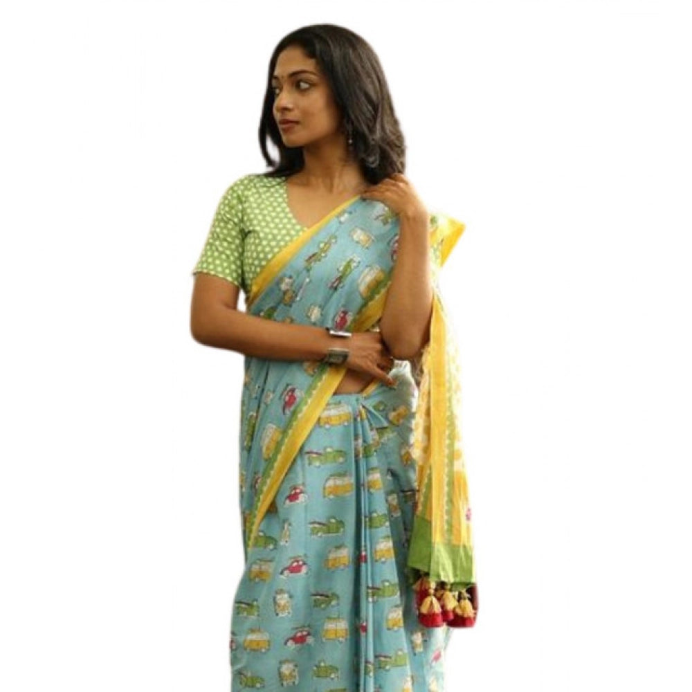 Women's Linen Printed Saree With Unstitched Blouse 5.5mtr (blue) | Women Signature Collection