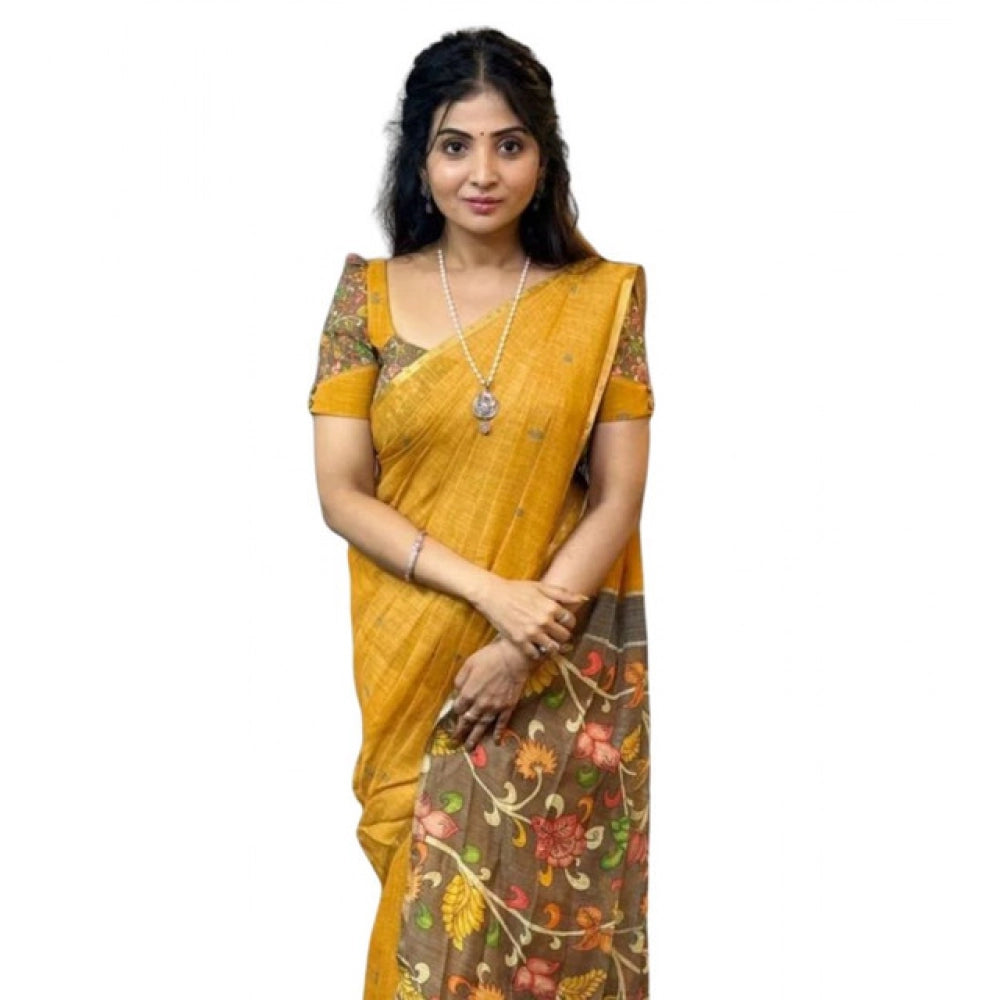 Women's Linen Printed Saree With Unstitched Blouse 5.5mtr (mustard) | Women Signature Collection