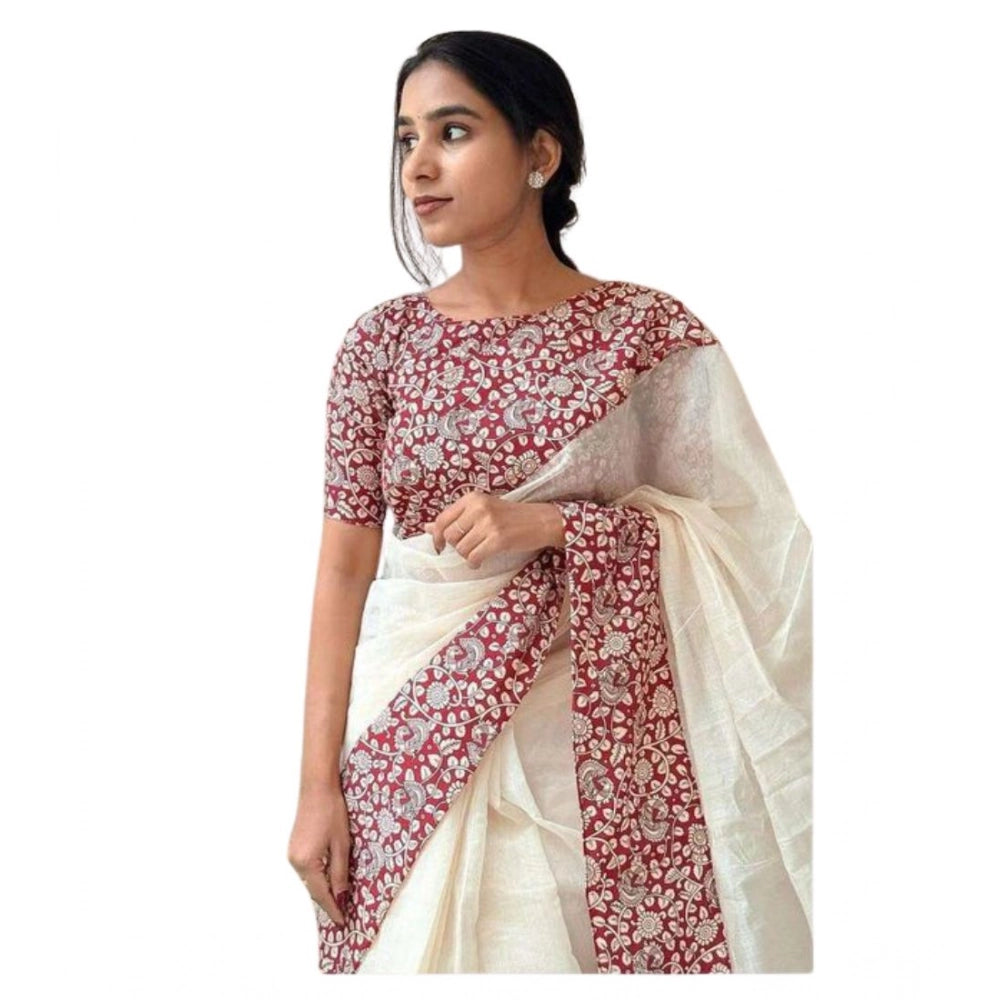 Women's Linen Printed Saree With Unstitched Blouse 5.5mtr (white) | Women Signature Collection