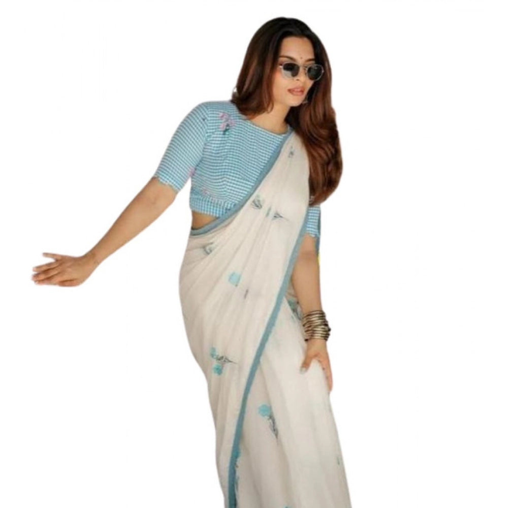 Women's Linen Printed Saree With Unstitched Blouse 5.5mtr (white) | Women Signature Collection
