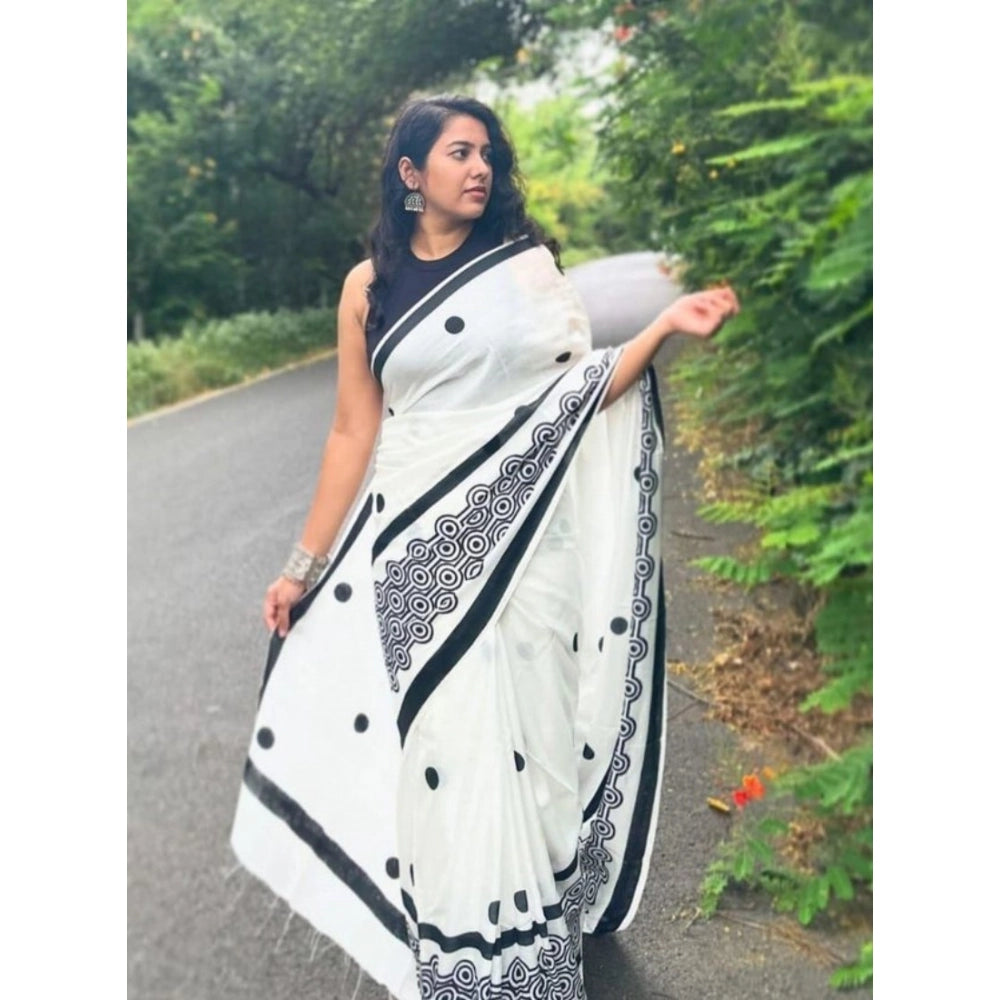 Women's Linen Printed Saree With Unstitched Blouse 5.5mtr (white) | Women Signature Collection