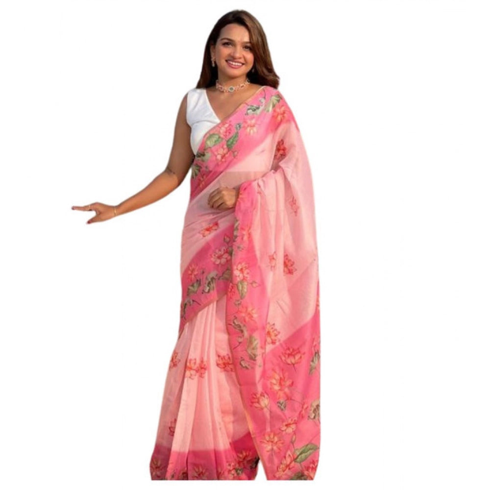Women's Linen Printed Saree With Unstitched Blouse 5.5mtr (pink) | Women Signature Collection