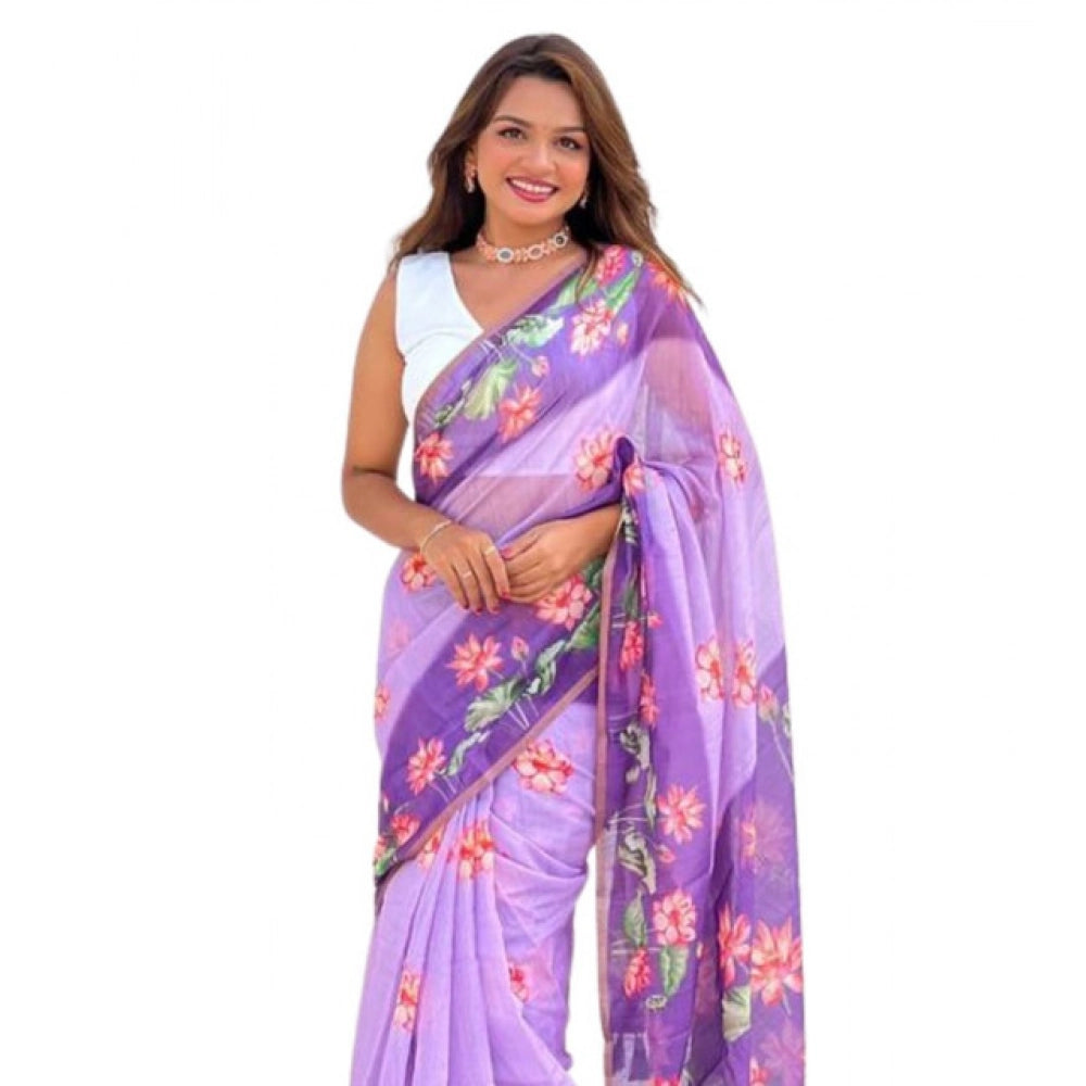 Women's Linen Printed Saree With Unstitched Blouse 5.5mtr (purple) | Women Signature Collection