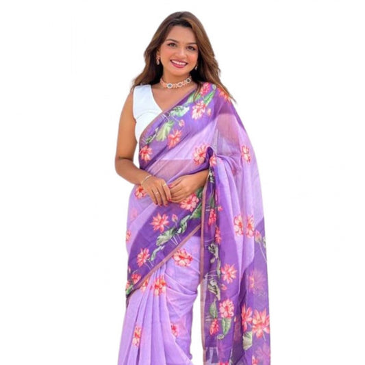 Women's Linen Printed Saree With Unstitched Blouse 5.5mtr (purple) | Women Signature Collection