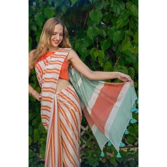Women's Linen Printed Saree With Unstitched Blouse 5.5mtr (orange) | Women Signature Collection