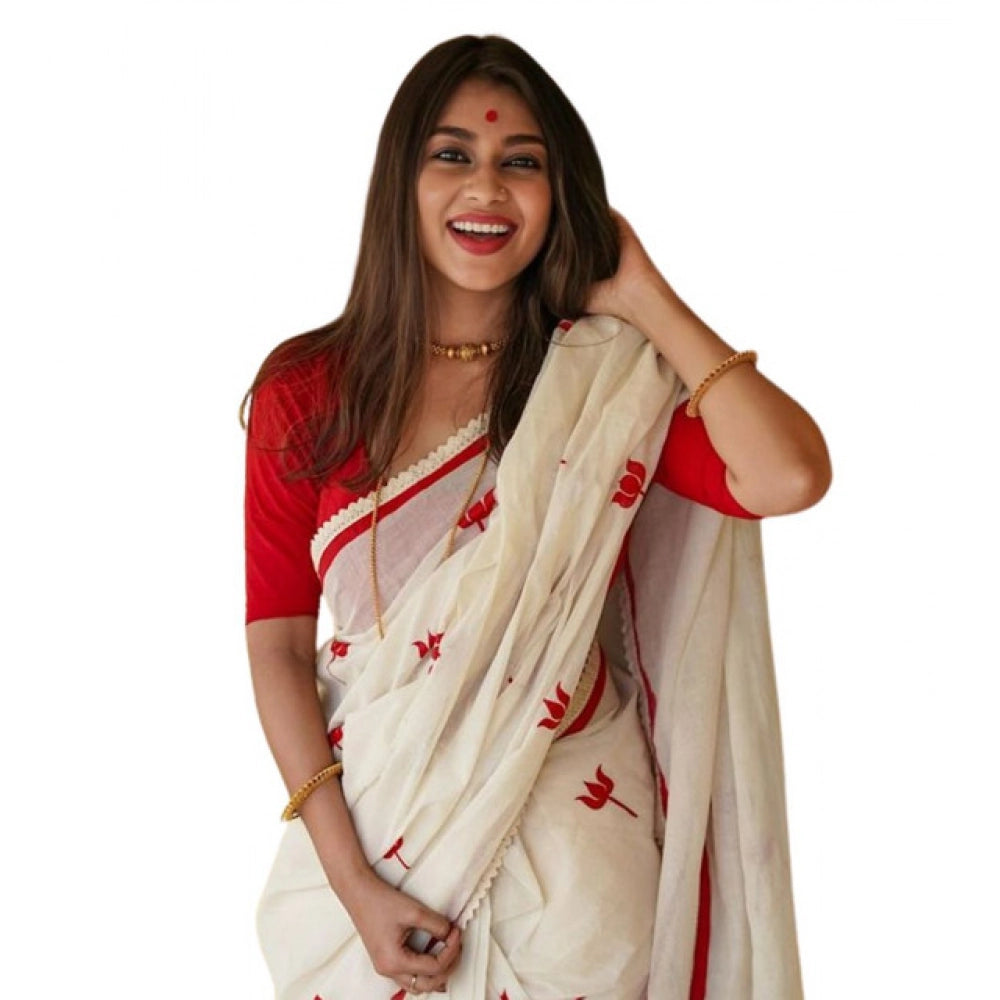 Women's Linen Printed Saree With Unstitched Blouse 5.5mtr (white) | Women Signature Collection