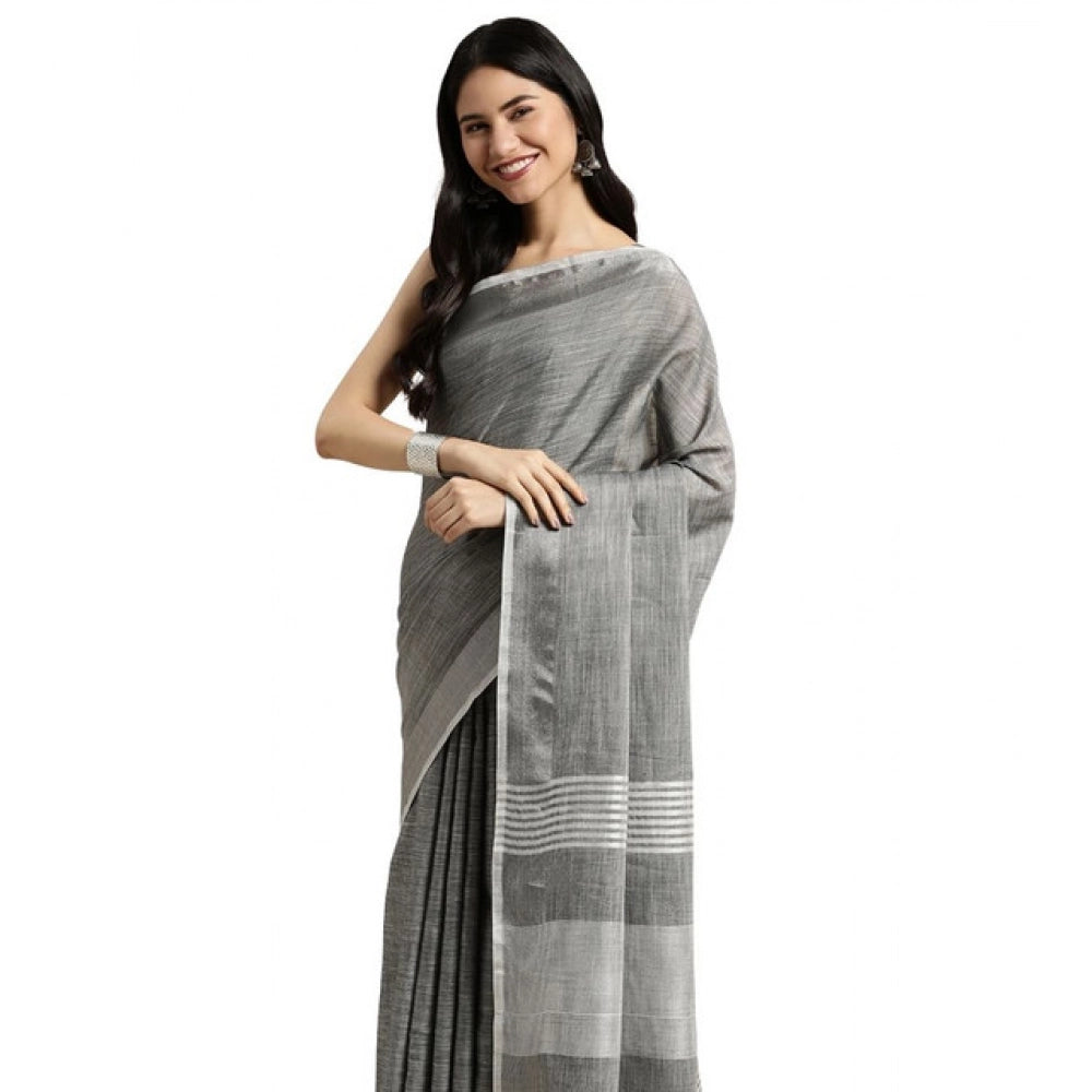 Women's Linen Cotton Printed Saree With Unstitched Blouse 5.5mtr (dark Grey) | Women Signature Collection