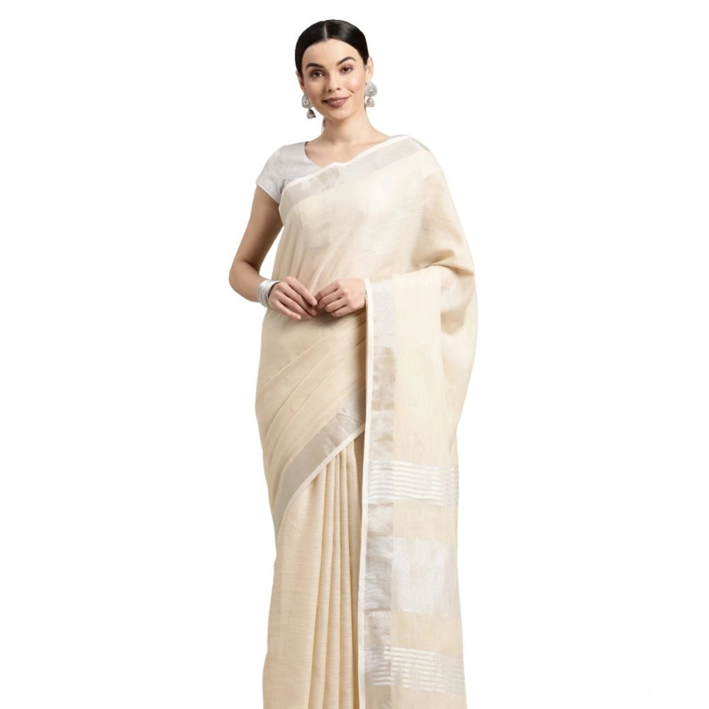 Women's Linen Cotton Printed Saree With Unstitched Blouse 5.5mtr (cream) | Women Signature Collection