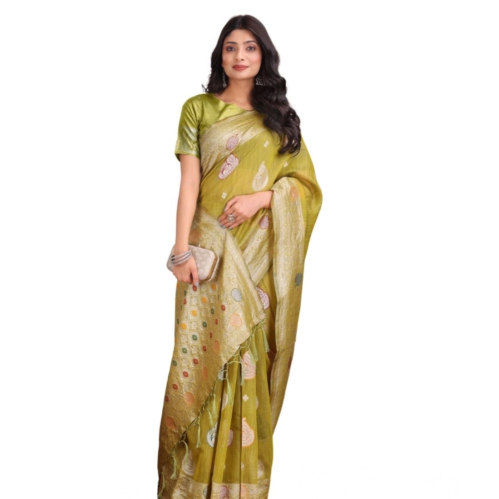 Women's Linen Cotton Printed Saree With Unstitched Blouse 5.5mtr (mustrad) | Women Signature Collection