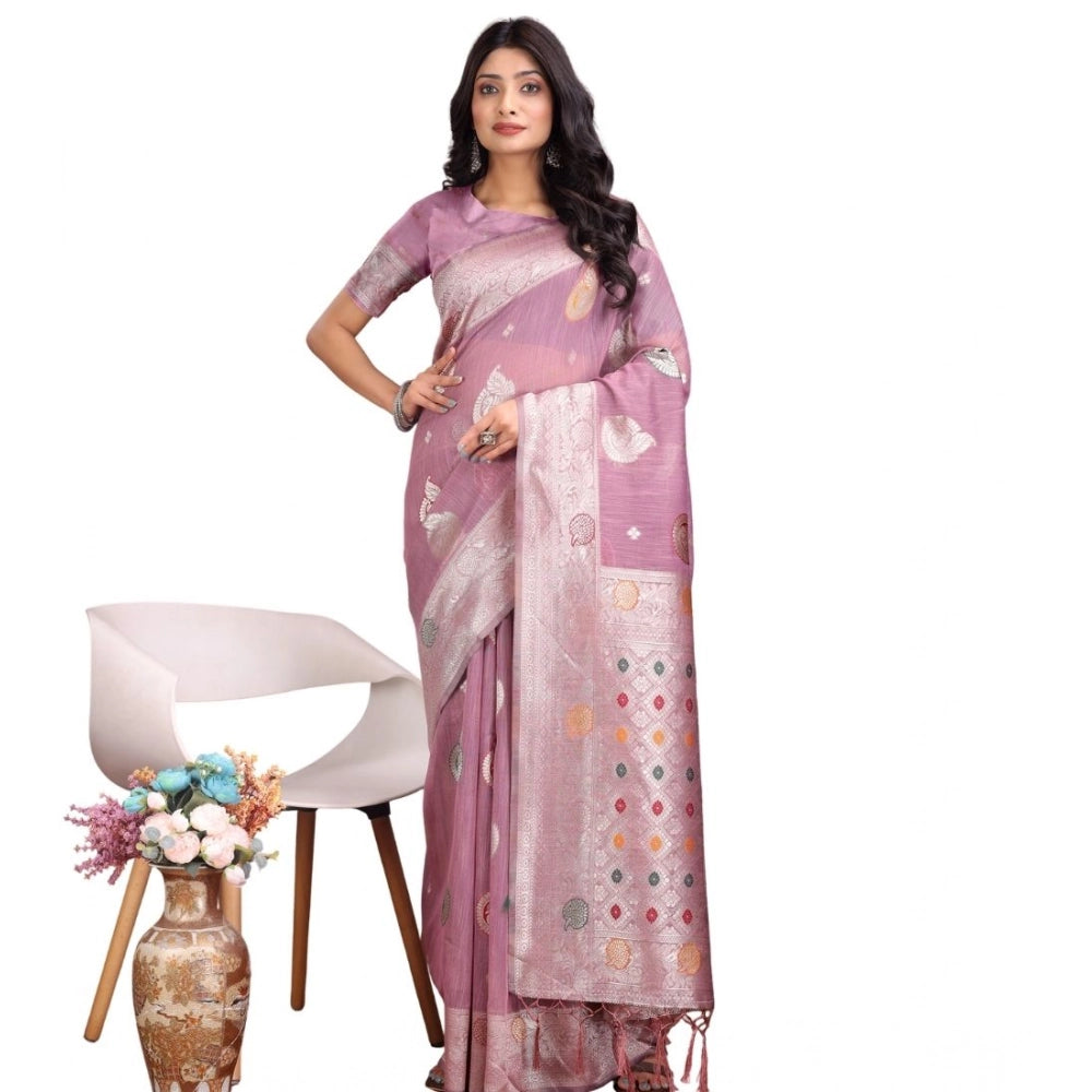 Women's Linen Cotton Printed Saree With Unstitched Blouse 5.5mtr (purple) | Women Signature Collection