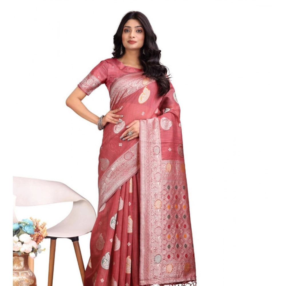 Women's Linen Cotton Printed Saree With Unstitched Blouse 5.5mtr (pink) | Women Signature Collection