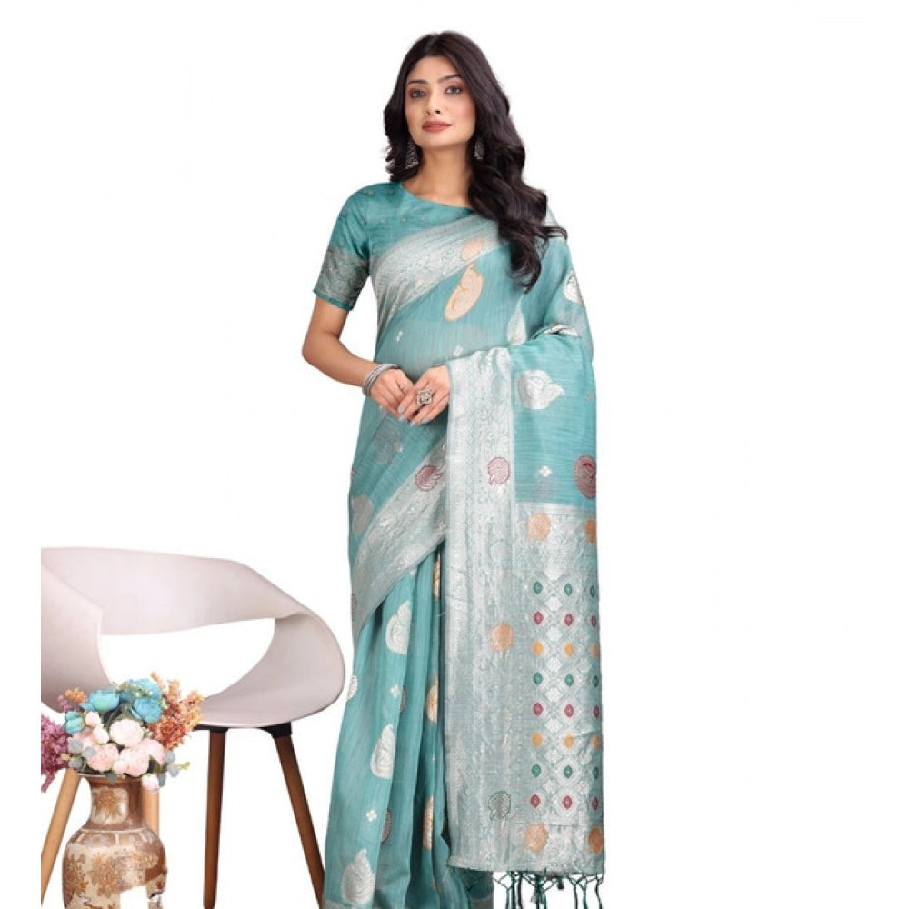 Women's Linen Cotton Printed Saree With Unstitched Blouse 5.5mtr (sea Green) | Women Signature Collection