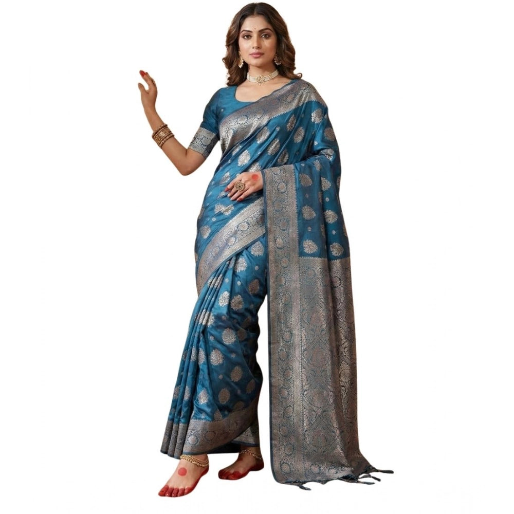 Women's Silk Blend Printed Saree With Unstitched Blouse 5.5mtr (teal Blue) | Women Signature Collection