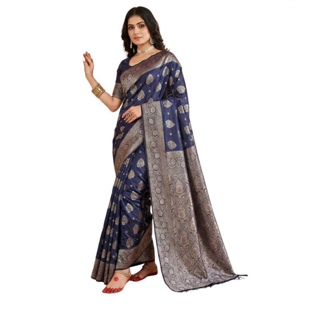 Women's Silk Blend Printed Saree With Unstitched Blouse 5.5mtr (navy Blue) | Women Signature Collection