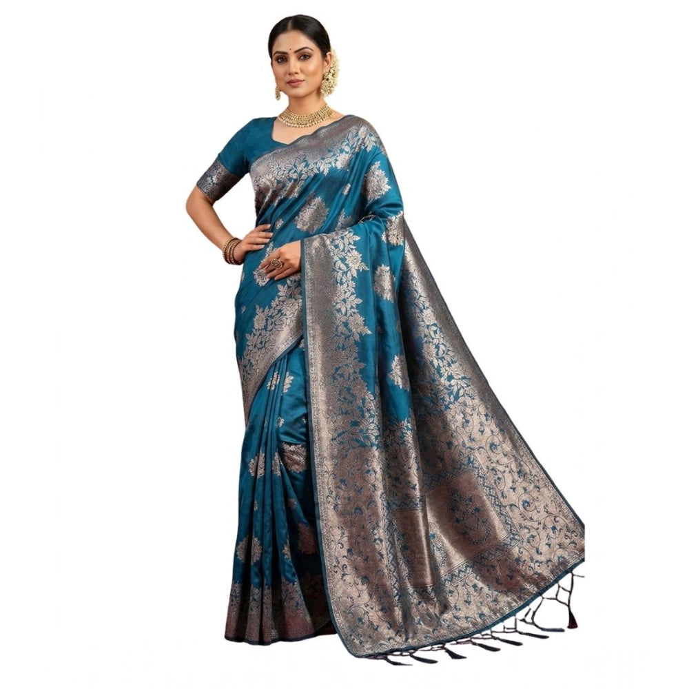 Women's Silk Blend Printed Saree With Unstitched Blouse 5.5mtr (teal Blue) | Women Signature Collection