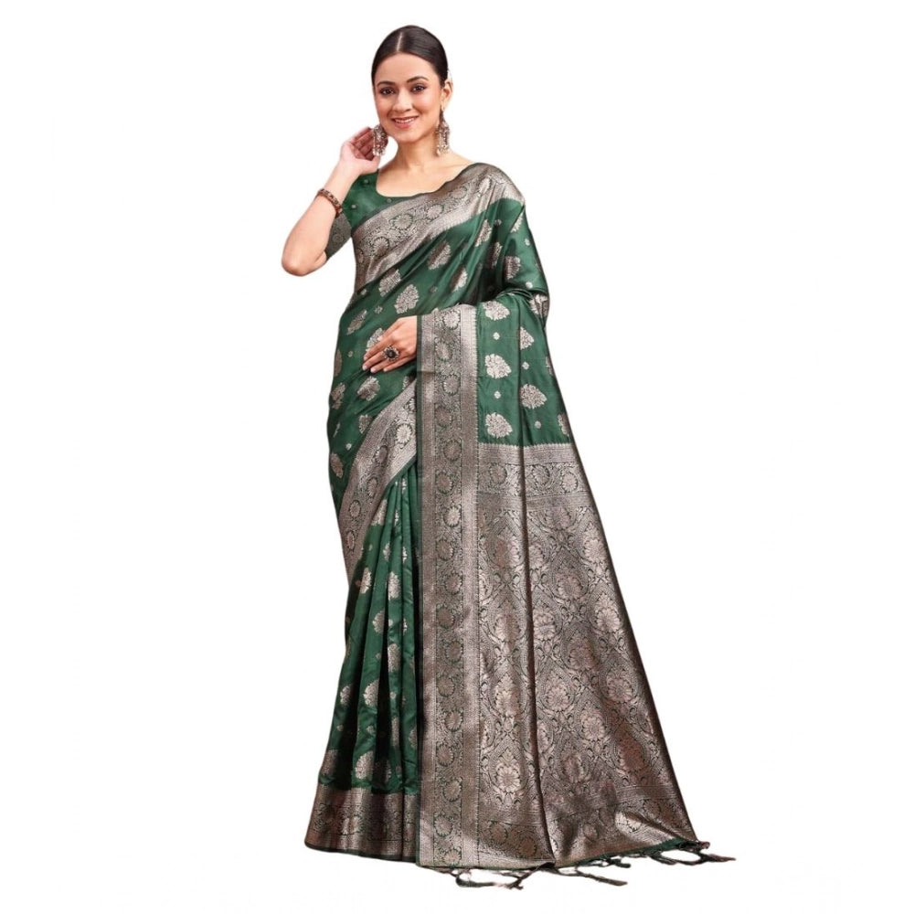 Women's Banarasi Silk Printed Saree With Unstitched Blouse 5.5mtr (dark Green) | Women Signature Collection