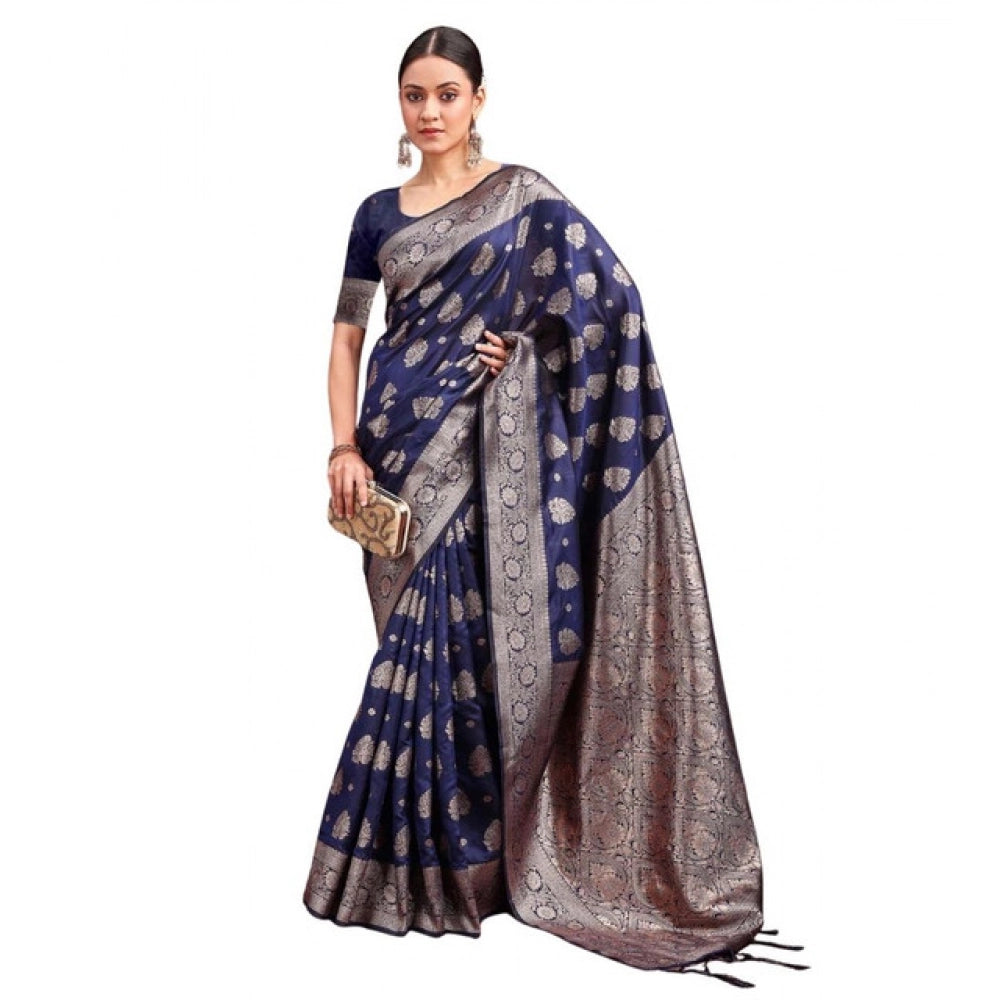 Women's Banarasi Silk Printed Saree With Unstitched Blouse 5.5mtr (navy Blue) | Women Signature Collection