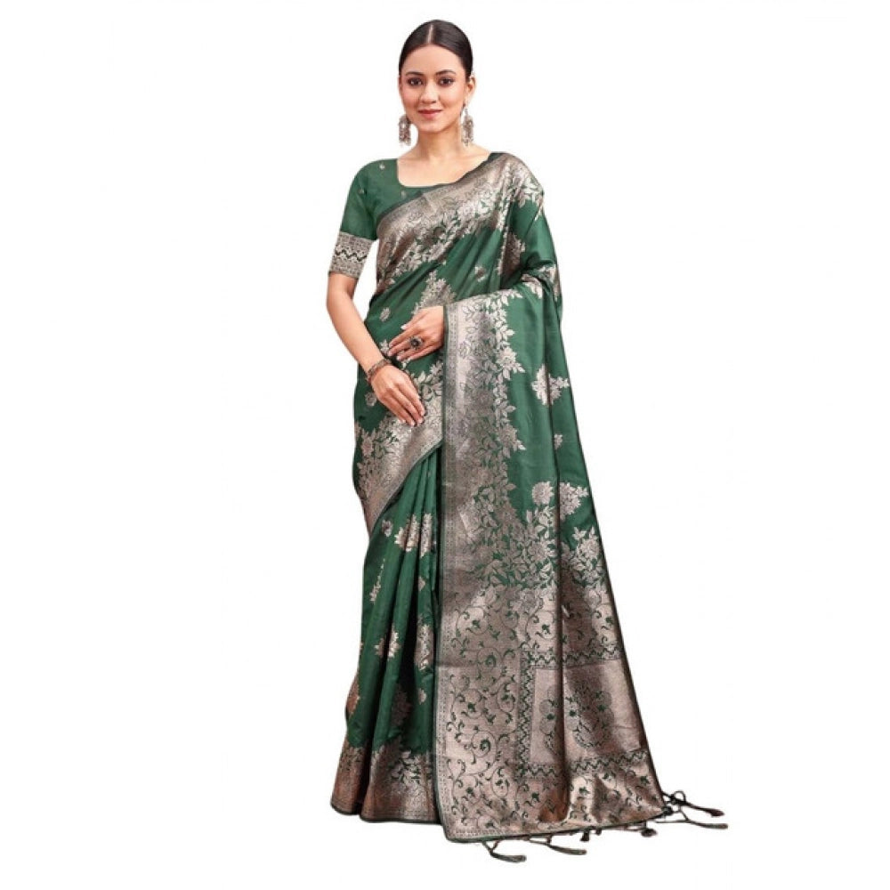 Women's Banarasi Silk Printed Saree With Unstitched Blouse 5.5mtr (dark Green) | Women Signature Collection