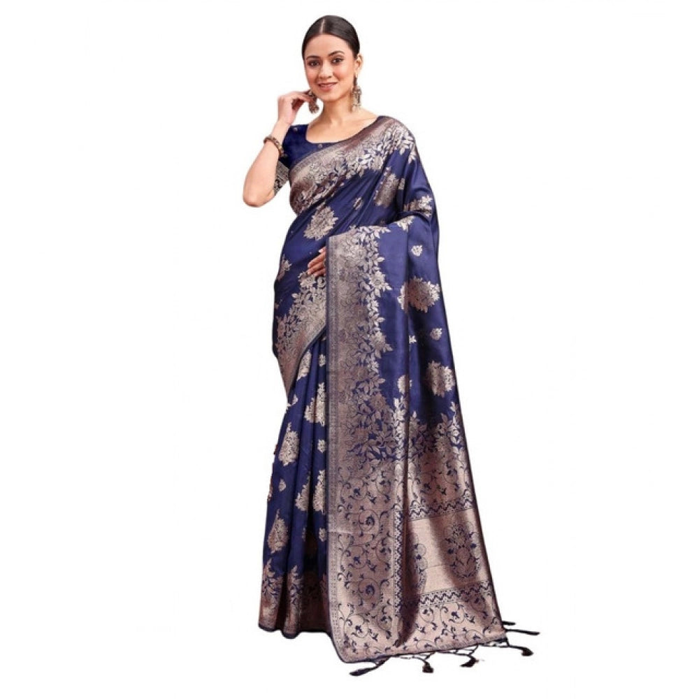 Women's Banarasi Silk Printed Saree With Unstitched Blouse 5.5mtr (navy Blue) | Women Signature Collection