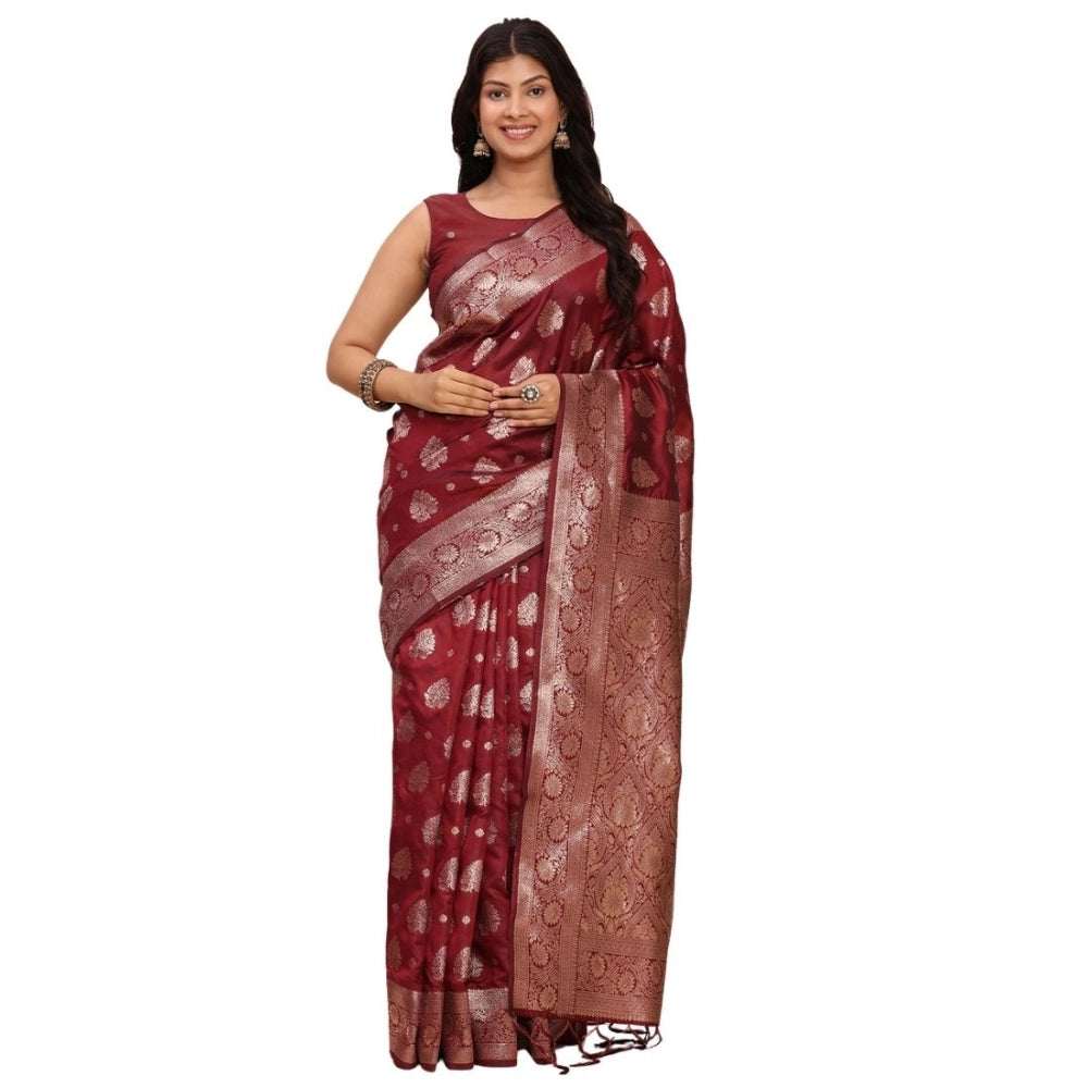 Women's Banarasi Silk Printed Saree With Unstitched Blouse 5.5mtr (maroon) | Women Signature Collection