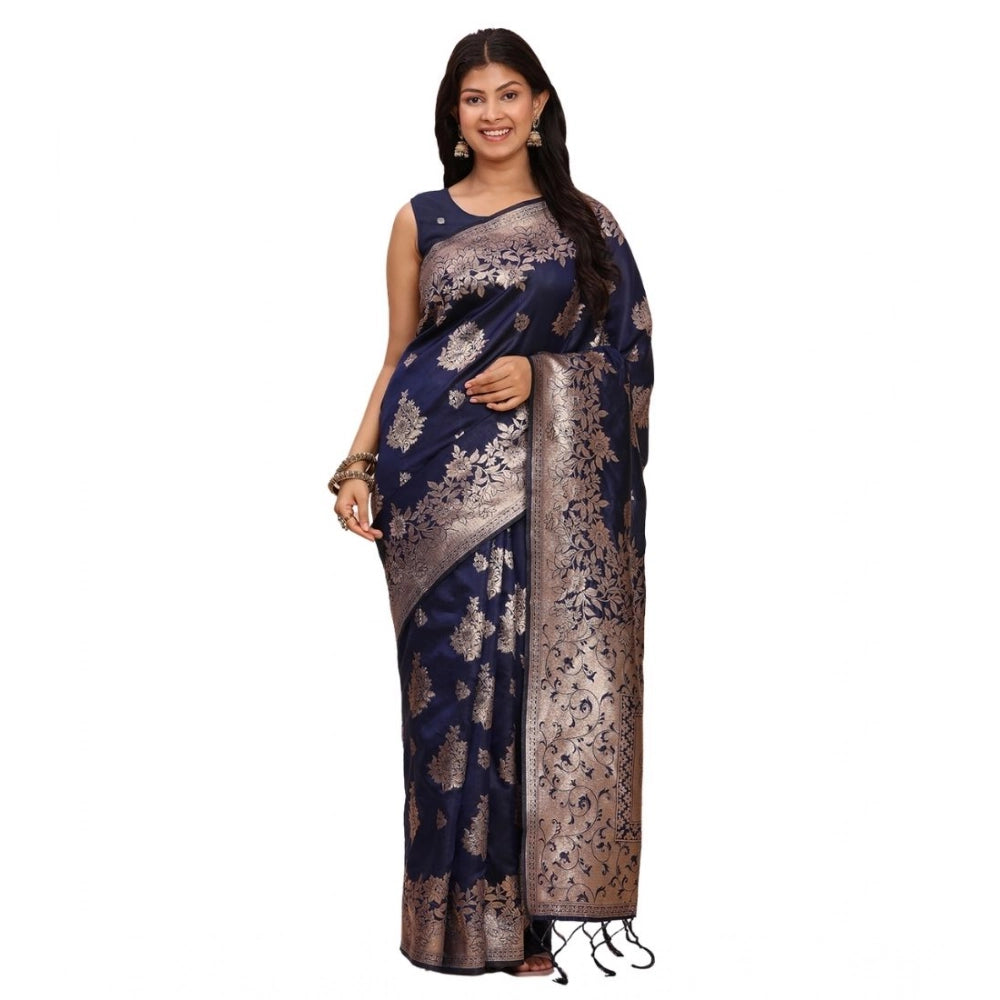 Women's Banarasi Silk Printed Saree With Unstitched Blouse 5.5mtr (navy Blue) | Women Signature Collection
